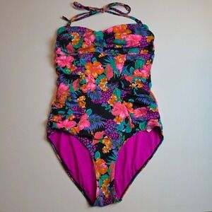 Hunkemöller Tropical Floral Ruched One Piece Swimsuit Black Multi Size 10/40